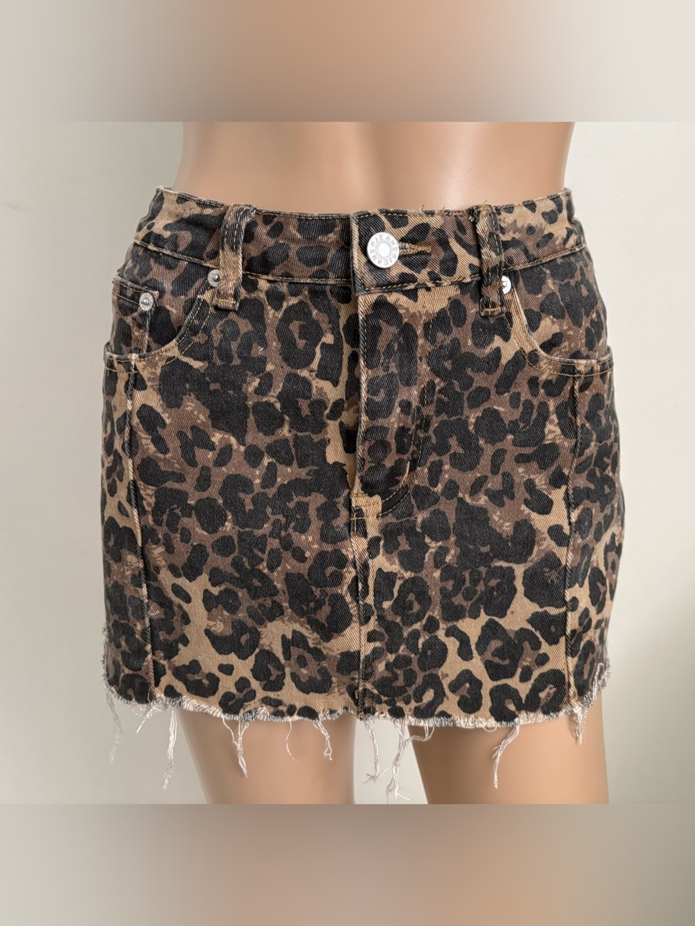 Windsor Leopard Print Distressed Denim Mini Skirt - Brown & Black Size Medium